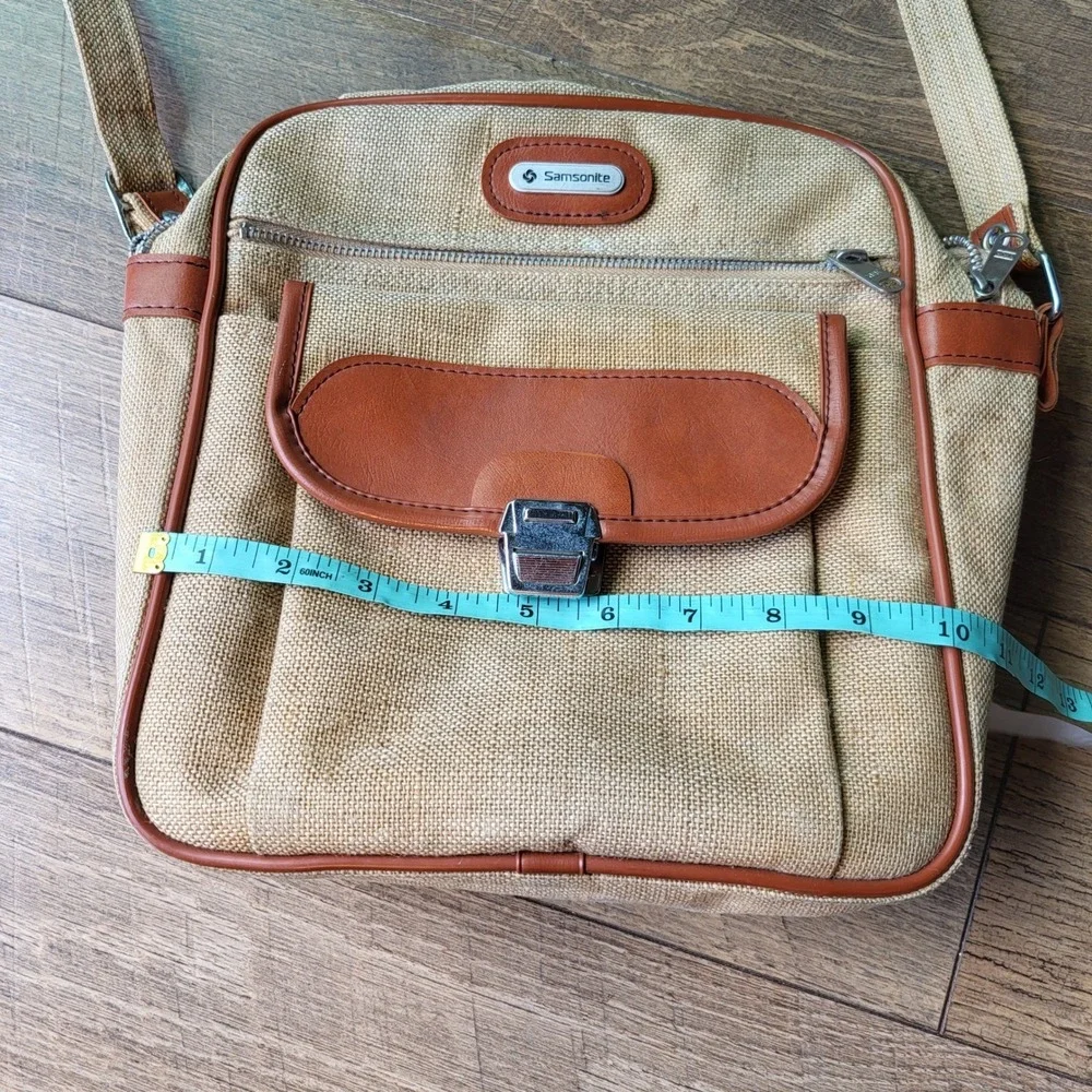 Samsonite Vintage Tan Canvas Crossbody Messenger Bag Brown Trim Travel Pouch